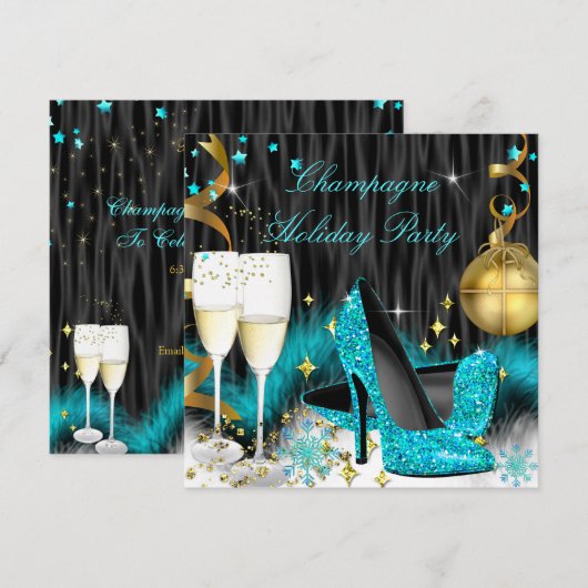 Champagne feestelijke kerstparty turquoise hoge ha kaart (Voorkant / Achterkant)