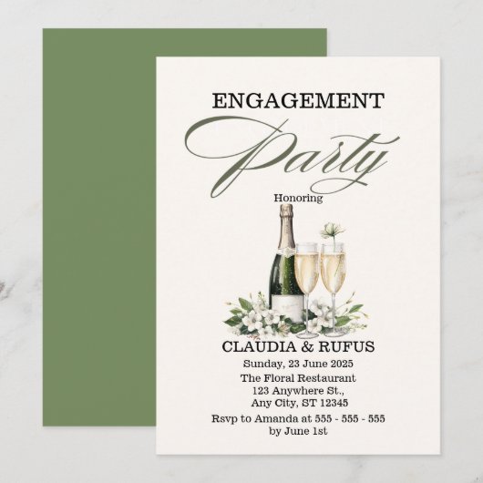 Champagne Feestelijke Uitnodiging voor Verloofden (Voorkant / Achterkant)