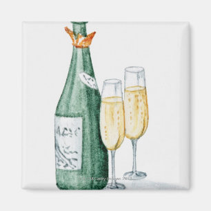 Champagne-flessen en twee glazen glazen magneet