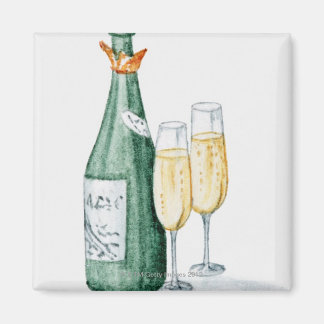 Champagne-flessen en twee glazen glazen magneet