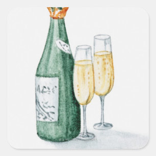 Champagne-flessen en twee glazen glazen vierkante sticker