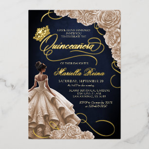 Champagne Floral Jurk Quinceañera Folie Uitnodiging