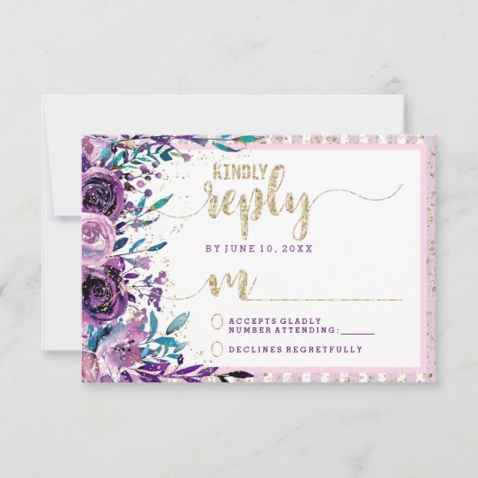 Champagne Floral Violet Mariage d'or Réponse RSVP (Devant)