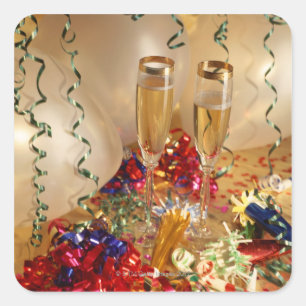 Champagne-fluiten, wimpels en luidsprekers vierkante sticker