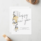 Champagne Flute Script Happy Nieuwjaar Notitiekaartje (Voorkant / Achterkant in situ)
