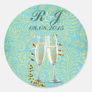  champagne flutes blauwgroen gouddamtbruiloft ronde sticker