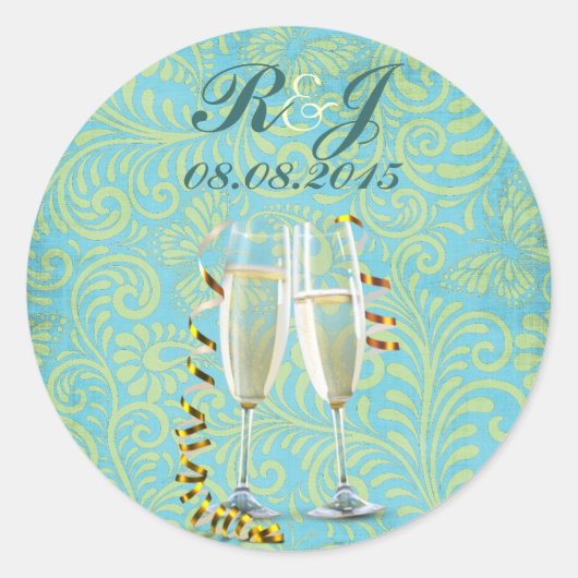 champagne flutes blauwgroen gouddamtbruiloft ronde sticker (Voorkant)