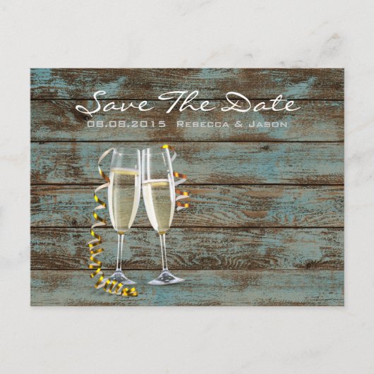 champagne flutes rustige blue barn bruiloft aankondigingskaart (Voorkant)