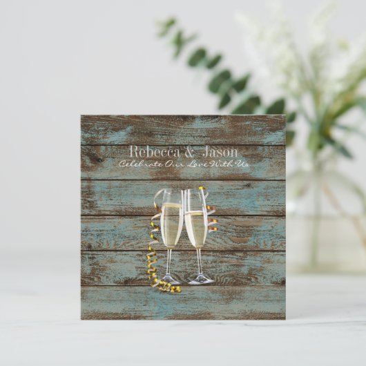 champagne flutes rustige blue barn bruiloft kaart (Staand voorkant)