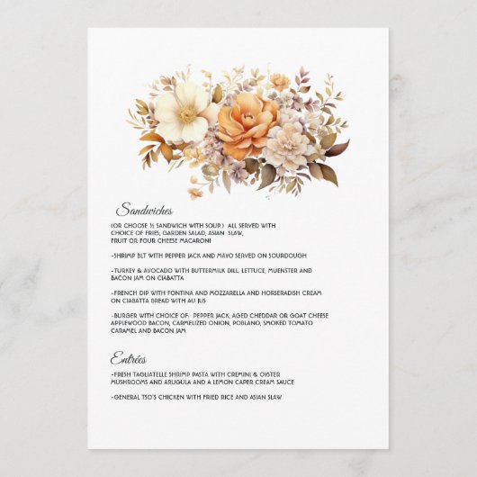 Champagne gekleurde bloemenbruiloft menu (Achterkant)