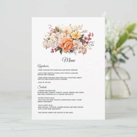 Champagne gekleurde bloemenbruiloft menu (Staand voorkant)