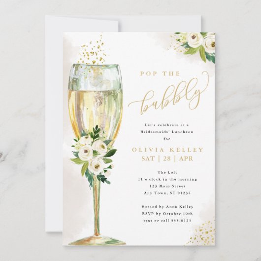 Champagne Glas Witte Bloemen Bruids Luncheon Kaart (Voorkant)