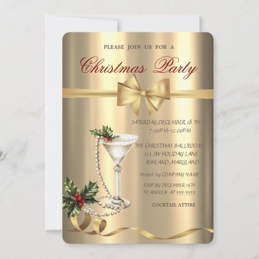 Champagne Glass Pearls Bow Gold Christmas Party Kaart (Voorkant)