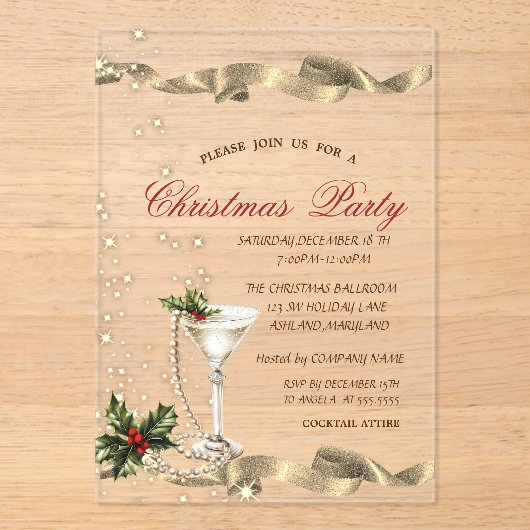 Champagne Glass Pearls Corporate Christmas Party Acryl Uitnodigingen (Voorkant)