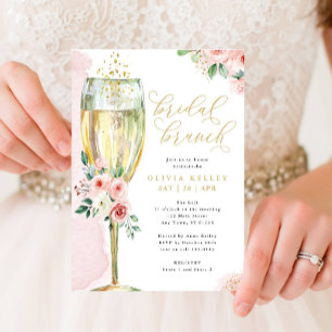 Champagne Glass Pink en Gold Floral Bridal Brunch Kaart