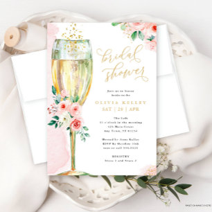 Champagne Glass Pink en Gold Floral Vrijgezellenfe Kaart