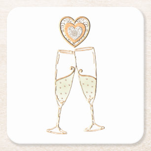 Champagne Glasses and Hearts Vierkante Kartonnen Onderzetter