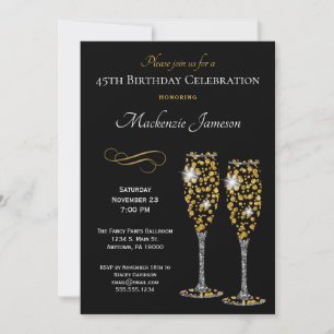 Champagne Glasses Black Gold Birthday Invitation Kaart