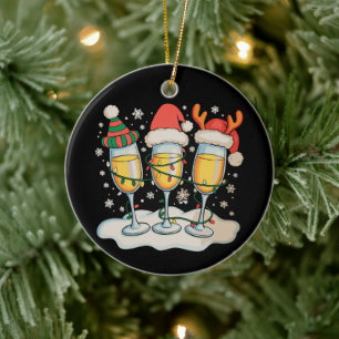 Champagne Glazen Kerstman Rendier Kerstmis Keramisch Ornament