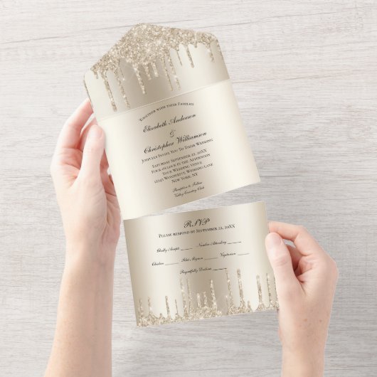 Champagne Glitter Drift Glam Bling Wedding All In One Uitnodiging (Afscheurbaar)