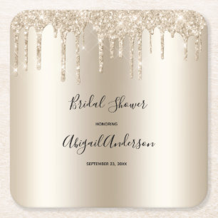 Champagne Glitter Drip Bruiloftsfeest Glam Trendyl Vierkante Kartonnen Onderzetter