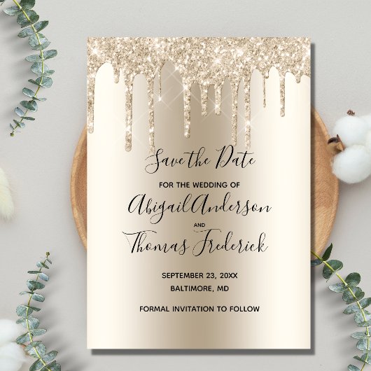 Champagne Glitter Drip Trouw Glam Trendy Save The Date