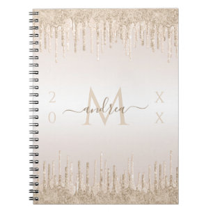 Champagne Glitter Dripping Monogram & Jaar Ded Notitieboek
