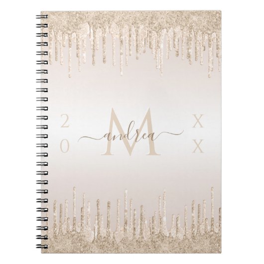 Champagne Glitter Dripping Monogram & Jaar Ded Notitieboek (Voorkant)