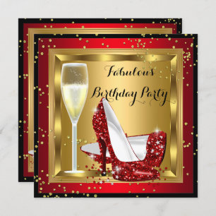 Champagne Glitter High Heels Red Birthday Party Kaart
