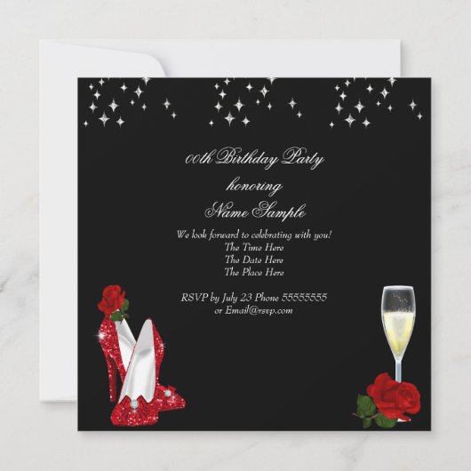 Champagne Glitter High Heels Red Rose Party Kaart (Achterkant)