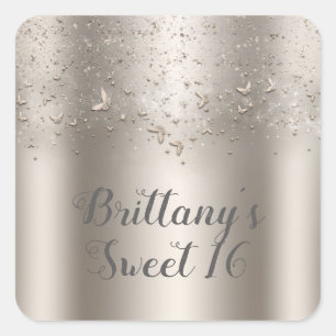 Champagne Glitter Vlindervlucht Zoete 16 Feest Vierkante Sticker