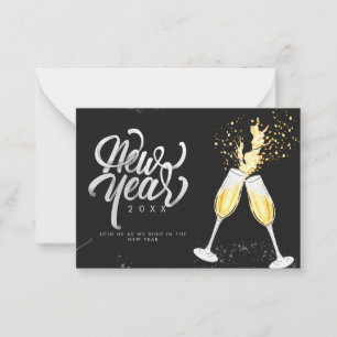Champagne Gold Black Wine Glass Confetti Modern Notitiekaartje