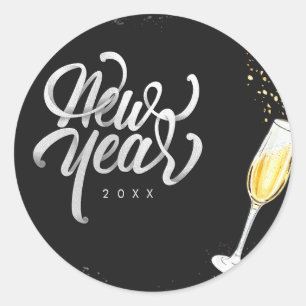 Champagne Gold Black Wine Glass Confetti Modern Ronde Sticker