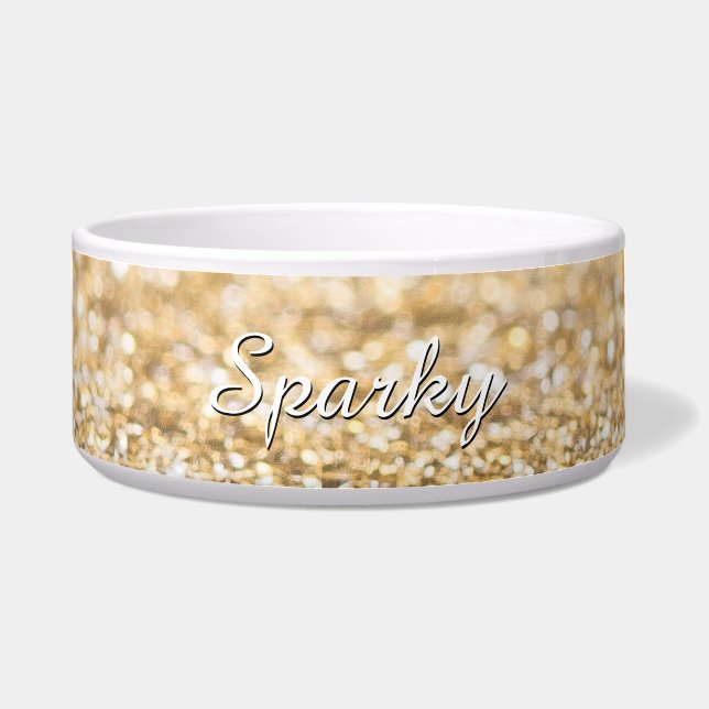 Champagne gold faux glitter sparkles Personalize Voerbakje (Voorkant)