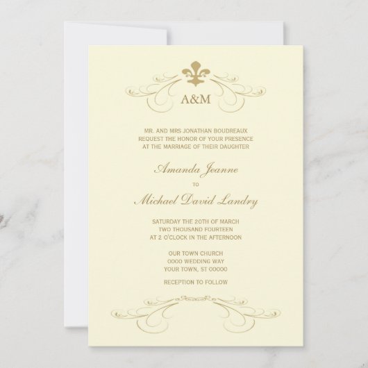 Champagne Gold Fleur de Lis Wedding I Uitnodiginge Kaart (Voorkant)