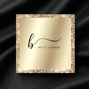 Champagne Gold Glitter Folie Script Monogram Squar Vierkante Visitekaartje
