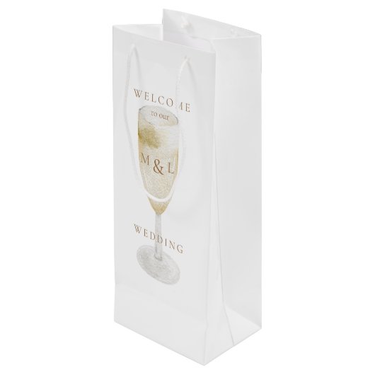 Champagne & Gold Monogram White Weduwschap Welkom Wijn Cadeautas (Achterkant Gekanteld)