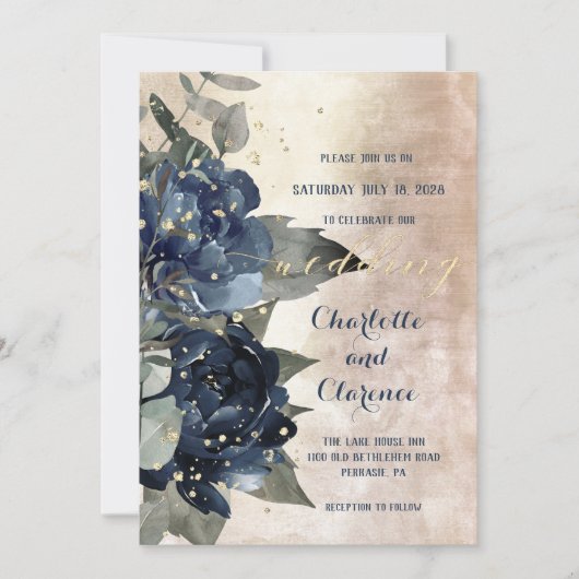 Champagne Gold Navy Peony Eucalyptus Wedding Kaart (Voorkant)