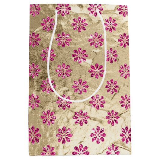 Champagne Goud Roze Glitzy Bloemen Medium Cadeauzakje (Voorkant)