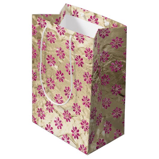 Champagne Goud Roze Glitzy Bloemen Medium Cadeauzakje (Achterkant Gekanteld)