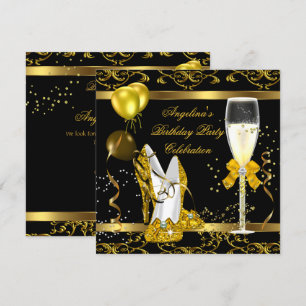 Champagne Goud Zwart Glitter Hakken Verjaardagsfee Kaart