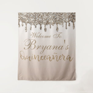 Champagne Gouden Glitter Drip Quinceañera Achtergr Wandkleed