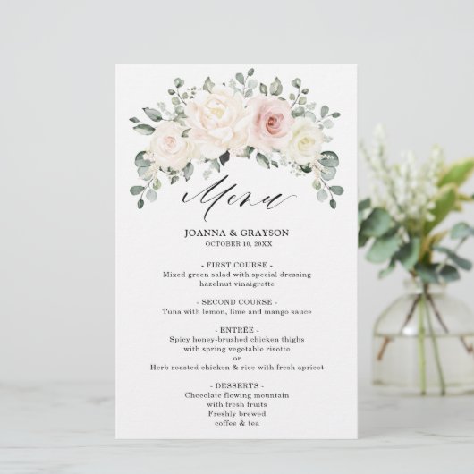 Champagne Ivoor Blush Bloemen Groen Bruiloft Menu (Staand voorkant)
