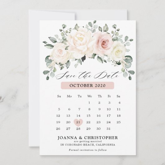 Champagne Ivoor Blush Roze Pastel Bloemenkalender Save The Date (Voorkant)
