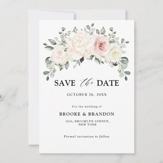 Champagne Ivoor Roze Bloemige Groene Huwelijksdeco Save The Date (Voorkant)