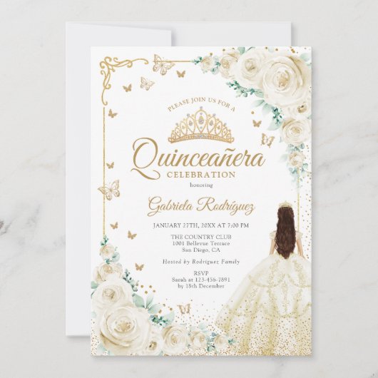 Champagne Ivoor Rozen Goud Quinceanera Kaart (Voorkant)
