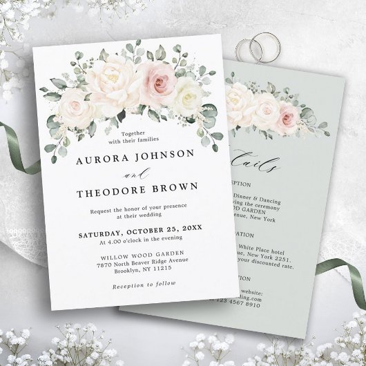 Champagne Ivory Blush Pink Floral Greenery Wedding Kaart