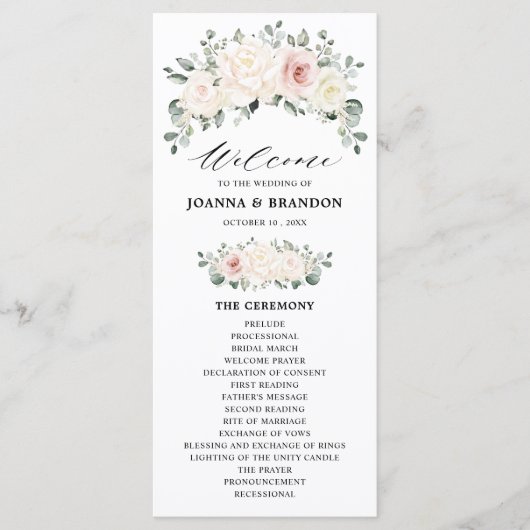Champagne Ivory Blush Pink Floral Greenery Wedding Programma (Voorkant)