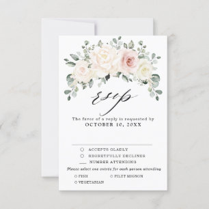 Champagne Ivory Blush Pink Floral Greenery Wedding RSVP Kaartje