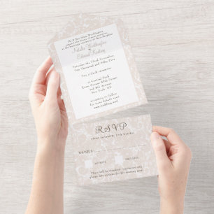 Champagne Ivory Lace Filigree Paisley Wedding RSVP All In One Uitnodiging